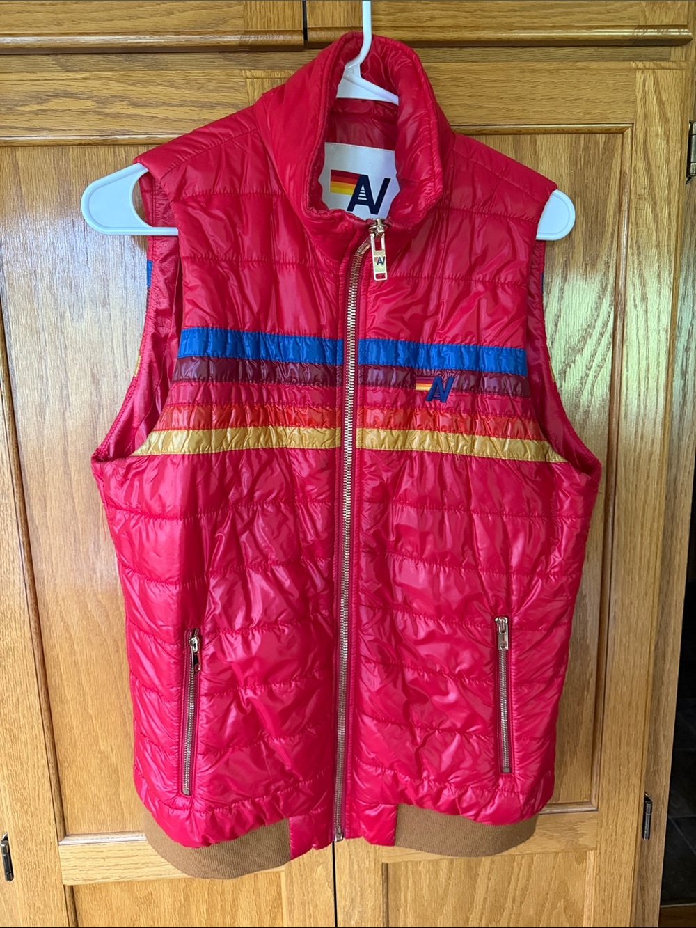 Aviator Nation Red Quilted Womens Vest with Multicolor Stripe